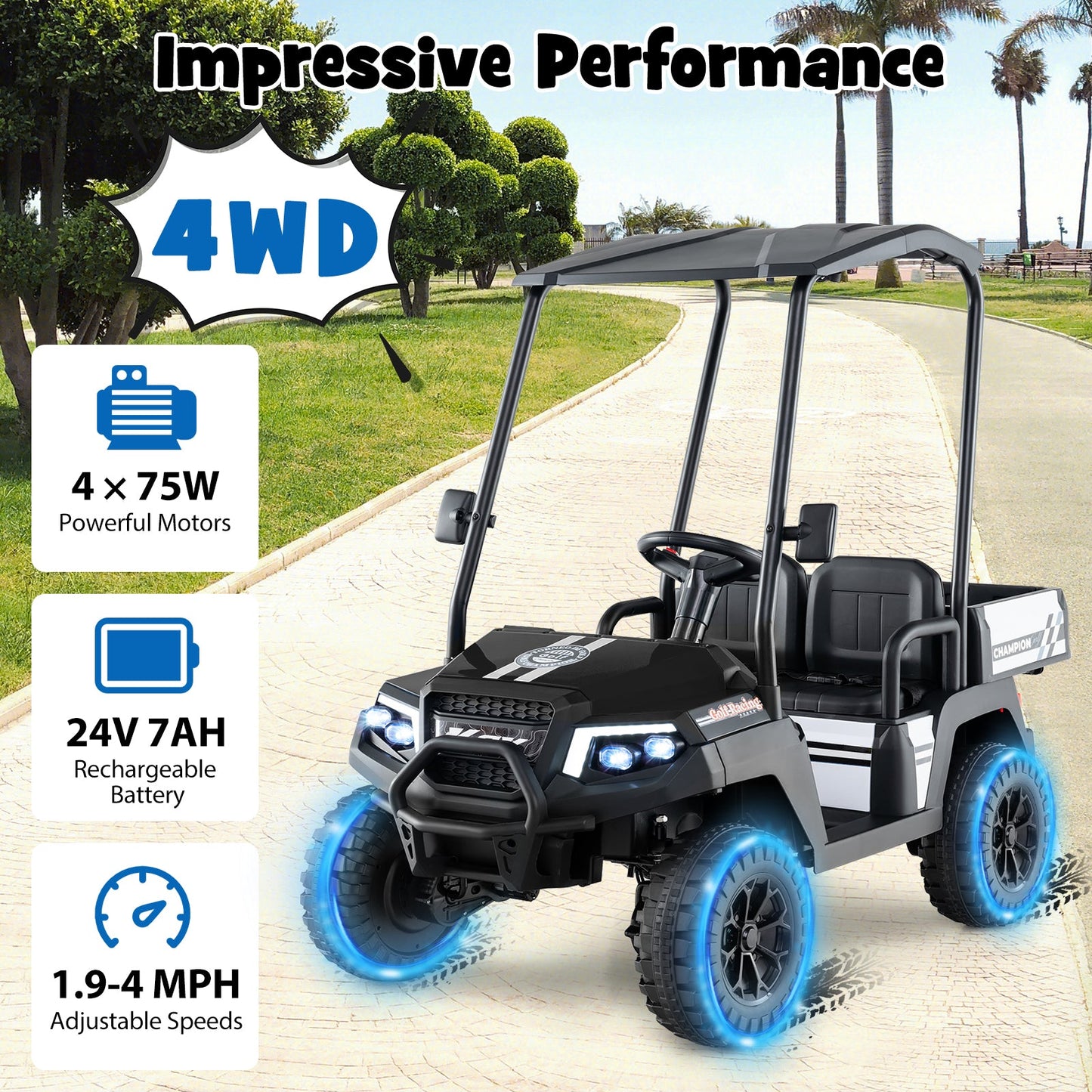 24V Kids Golf Cart 4WD 2-Seater Ride on Car with Storage Trunk and Horn