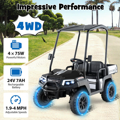 24V Kids Golf Cart 4WD 2-Seater Ride on Car with Storage Trunk and Horn