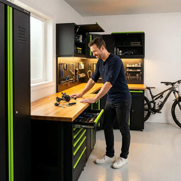 Modular Garage Cabinet System Built for Organization, Heavy-Duty Steel, Matte Black Finish, Reinforced Work Surface