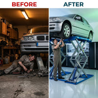Automotive Scissor Lift Engineered for Professional Use, Twin-Scissor Design, Synchronized Hydraulics, 5,500 Lb — Before & After