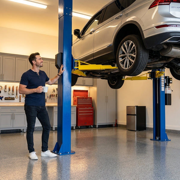 Two-Post Car Lift Engineered for Professional Shops, Asymmetric Design, Heavy-Duty Blue Columns, 12000 lb Capacity