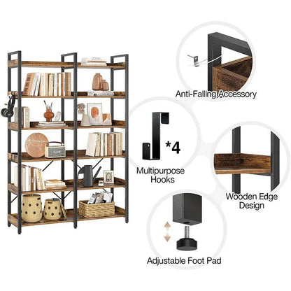 Metal Display Rack with 6 Open Shelves and Hooks