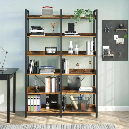 Metal Display Rack with 6 Open Shelves and Hooks