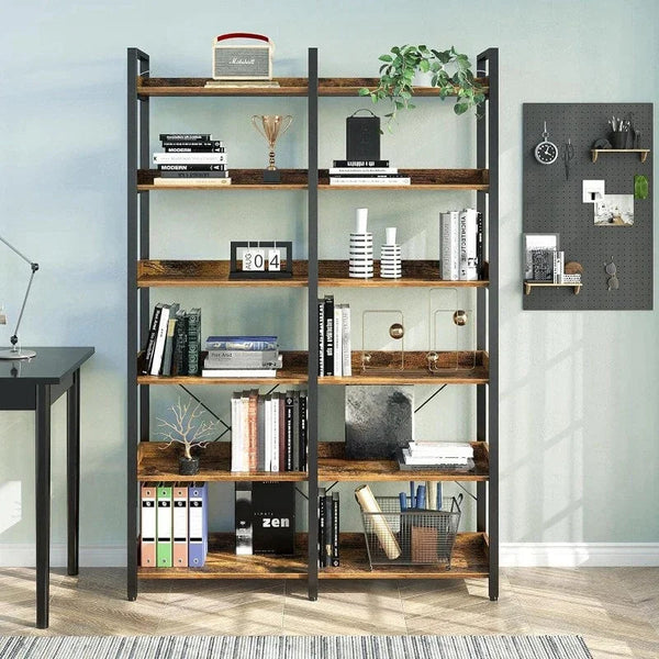 Metal Display Rack with 6 Open Shelves and Hooks